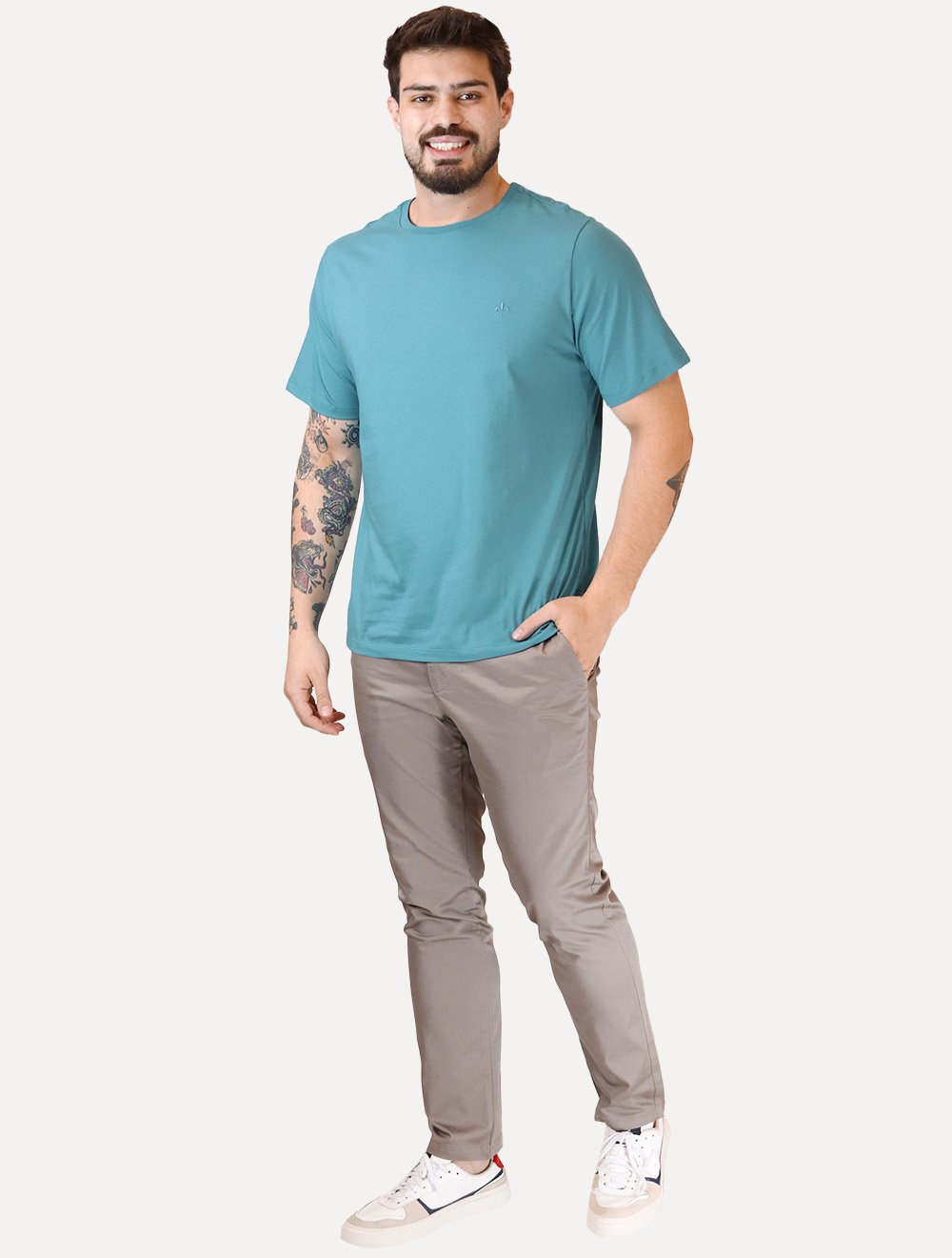 Camiseta Dudalina Masculina Essentials Modal Logo Azul Turquesa