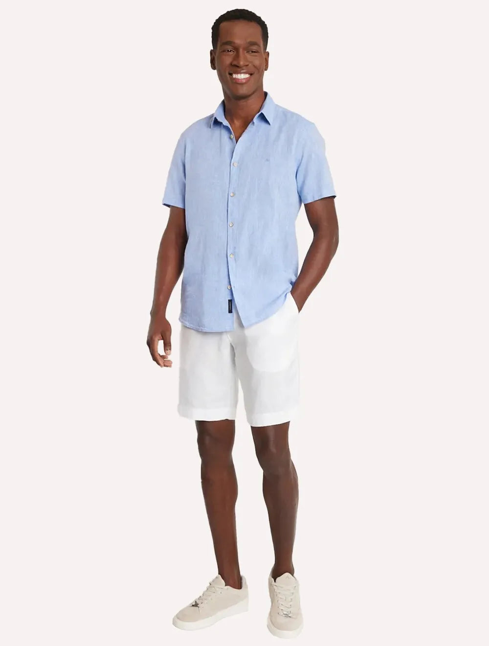Camisa Aramis Masculina Manga Curta Slim Linho Algodão Azul Claro Mescla