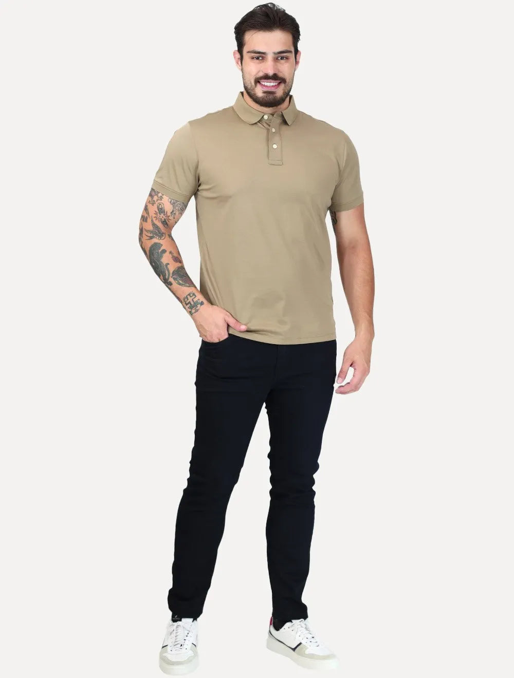 Polo Aramis Masculina Manga Curta Mercerizado Interlock Caqui