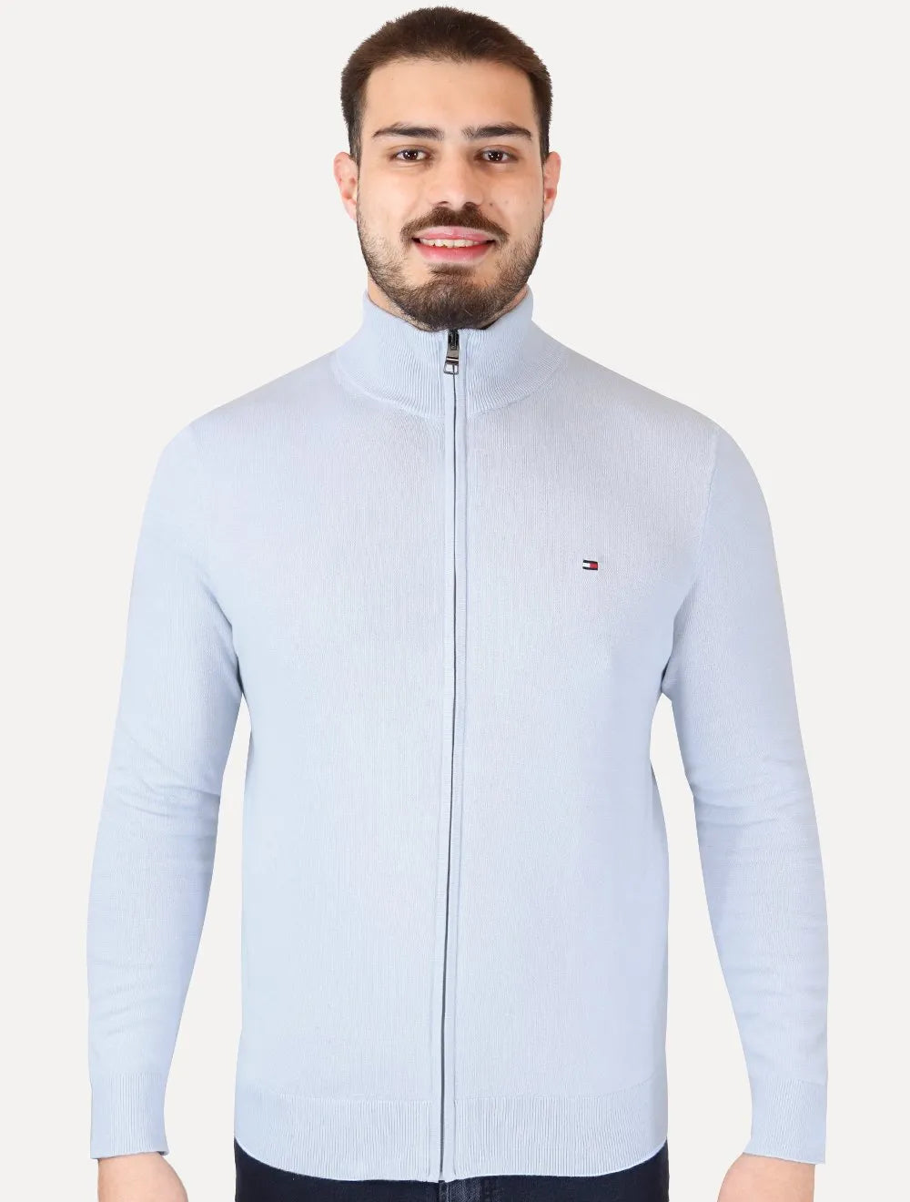 Suéter Tommy Hilfiger Masculino Essential Cotton Zip Through Azul Claro