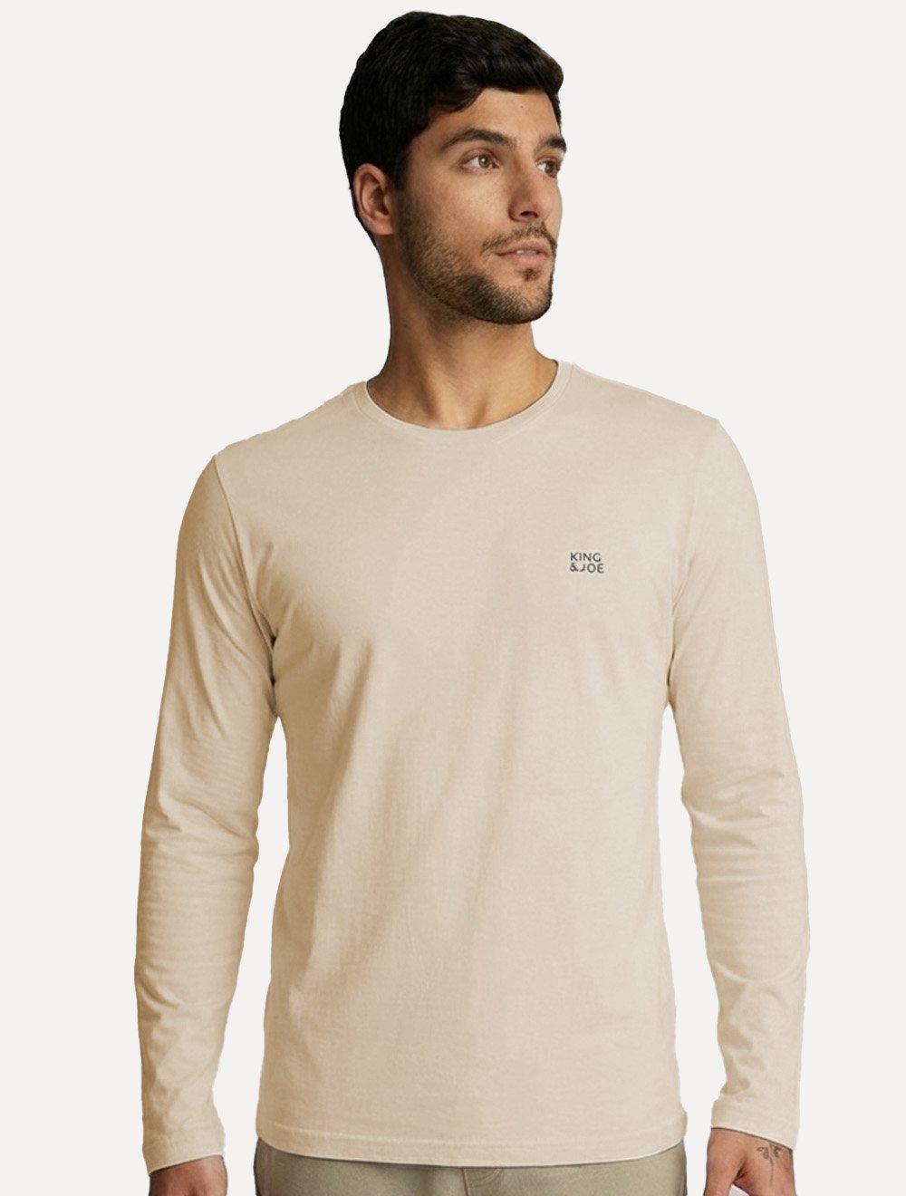 Camiseta King & Joe Masculina Manga Longa Basic Dark Small Logo Areia