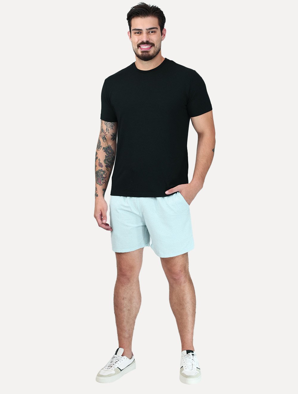 Short King & Joe Masculina Tradicional Casual Linho Azul Claro