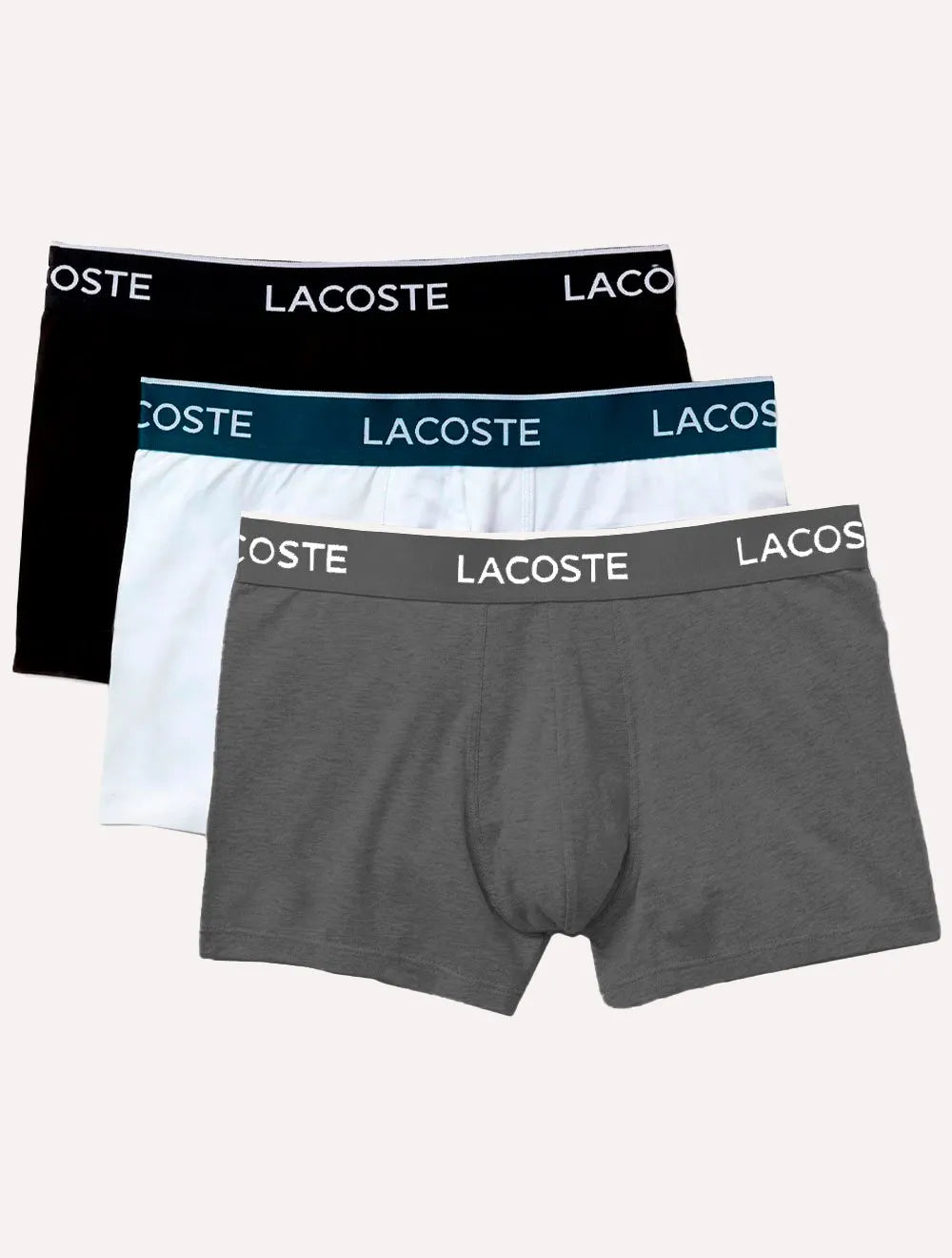Cueca Lacoste Trunk Boxer Colored Lettered Waist Branca/Grafite/Preta Pack 3UN
