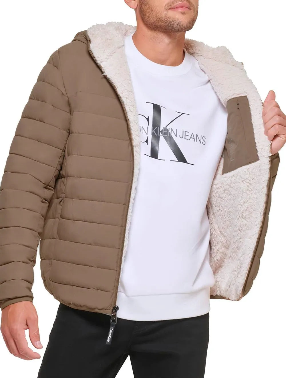 Jaqueta Calvin Klein Masculina Hoodie Matelassê Sherpa Cáqui