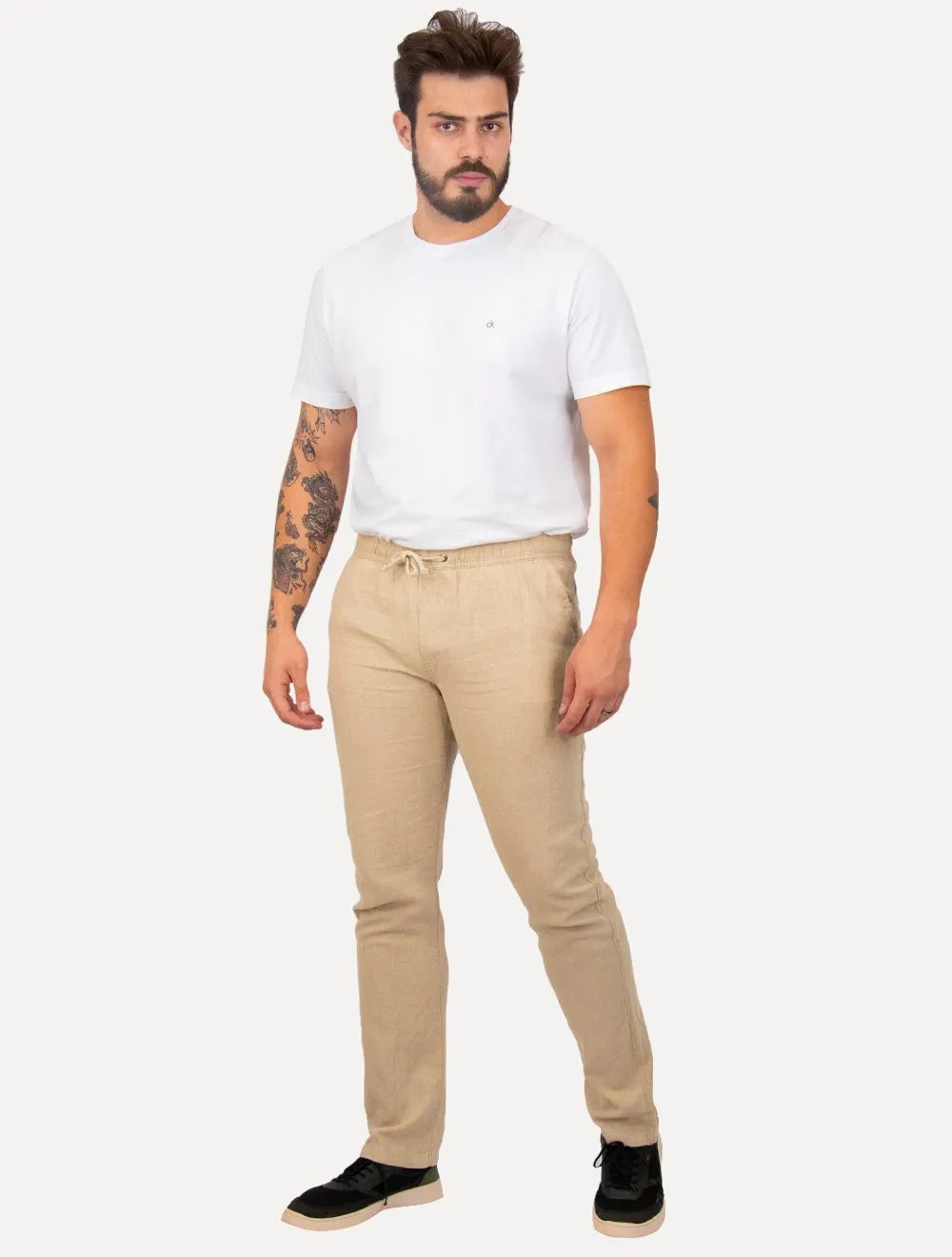 Calça Calvin Klein Masculina Elástico Linen Cáqui Mescla