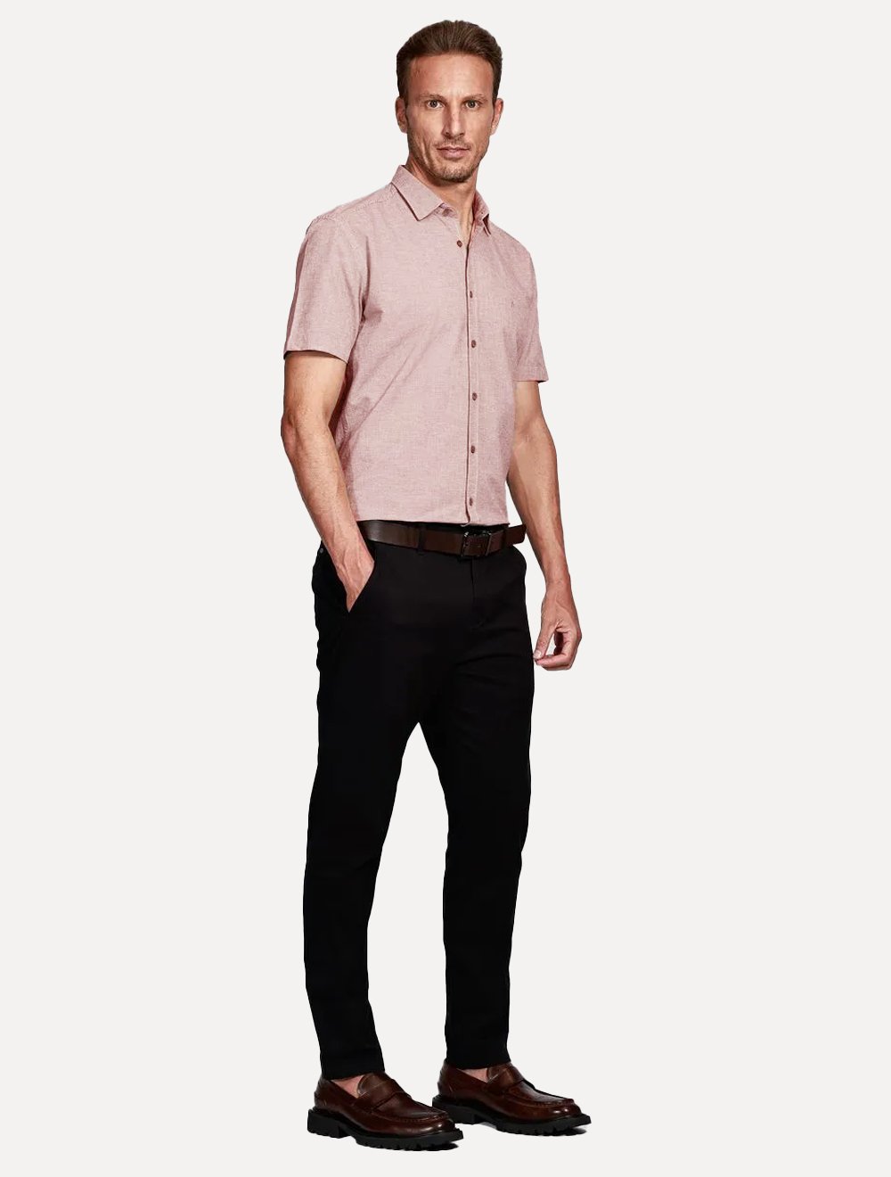 Camisa Aramis Masculina Manga Curta Slim Falso Liso Belfort Terracota Mescla