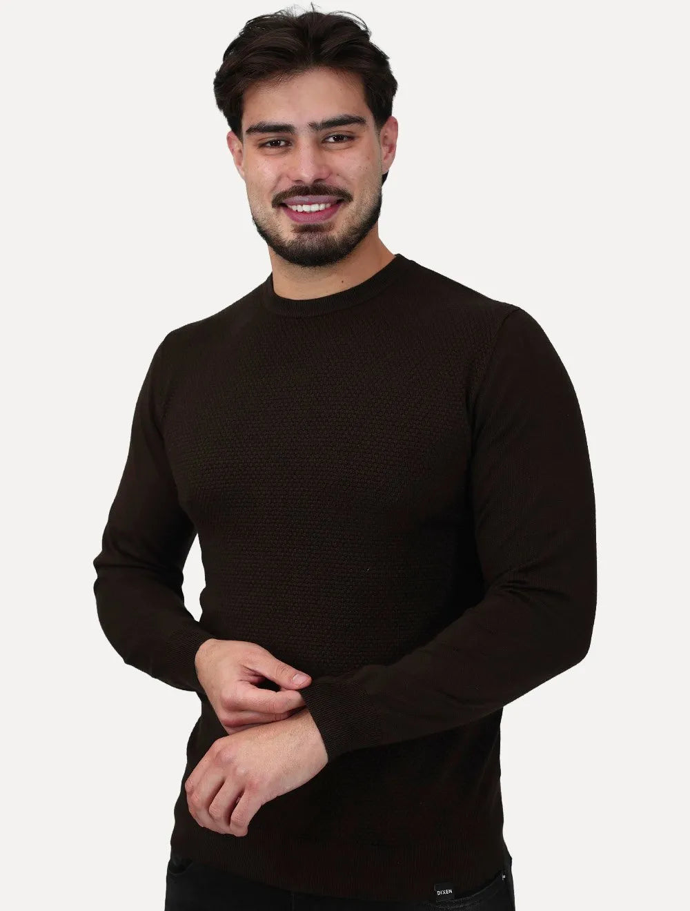 Suéter Dixen Masculina Tricot Manga Longa Frente Texturizada Marrom
