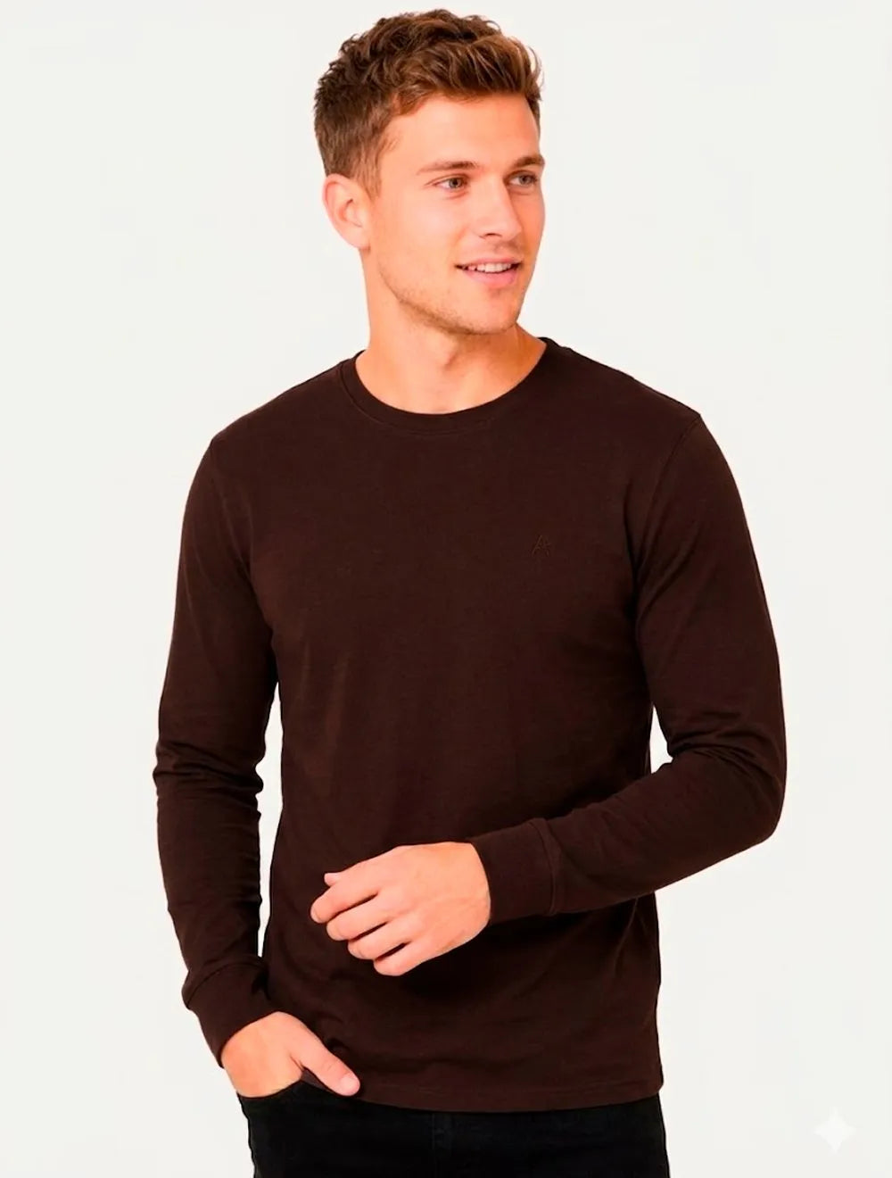 Camiseta Aramis Masculina Manga Longa Basica Mono Logo Marrom Café