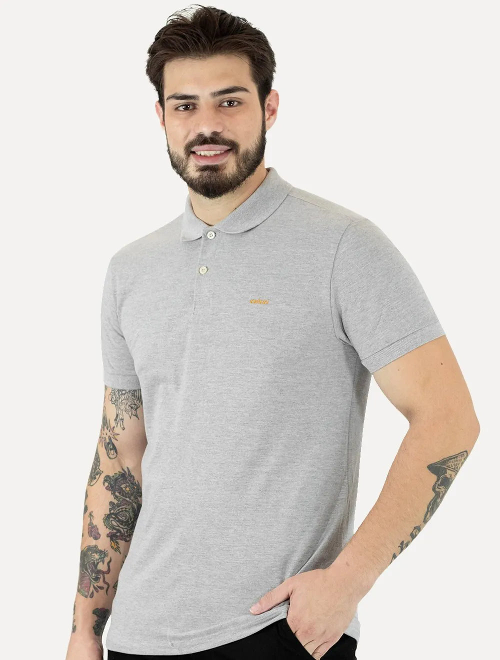 Polo Colcci Masculina Piquet Orange Logo Cinza Mescla Claro