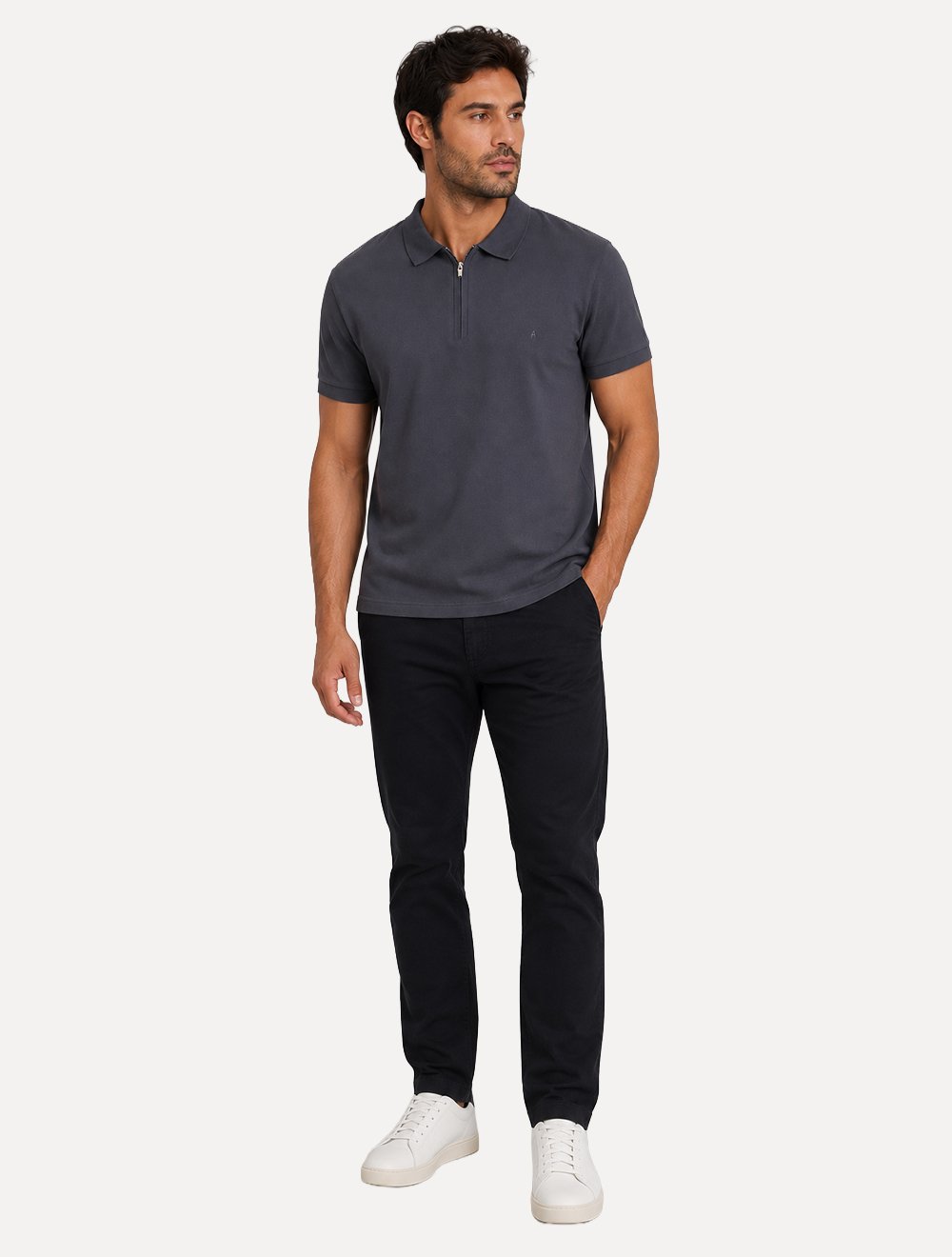 Polo Aramis Masculina Piquet Ziper Cinza Escuro