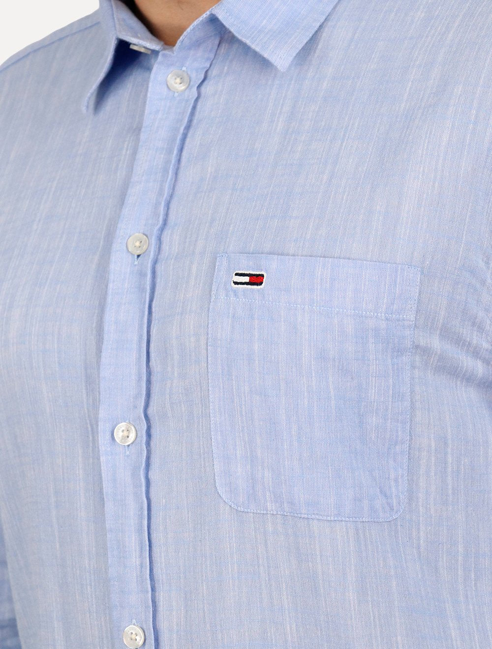 Camisa Tommy Jeans Masculina Regular Linen Blend Pocket Azul Mescla