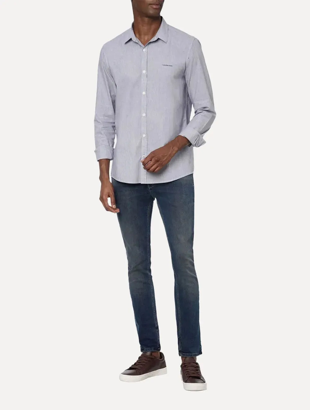 Camisa Calvin Klein Jeans Masculina Slim Listrada Silk Logo Azul Marinho