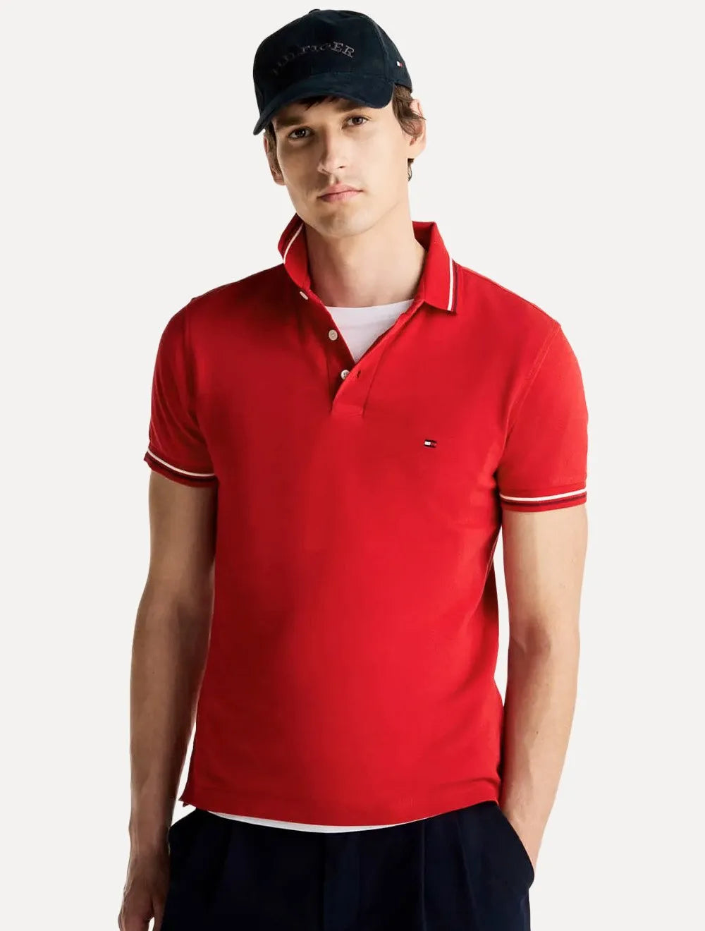 Polo Tommy Hilfiger Masculina Slim Malha Liquid Cotton Tipped Seasonal Vermelha