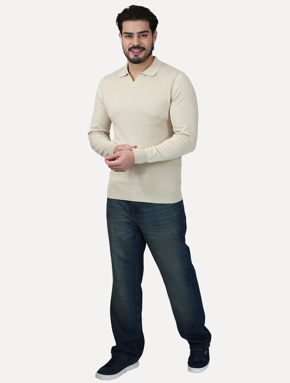 Camiseta Dixen Masculina Tricot Manga Longa Jacquard Seamless Cáqui