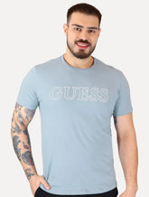Camiseta Guess Masculina Outline White Logo Azul Claro