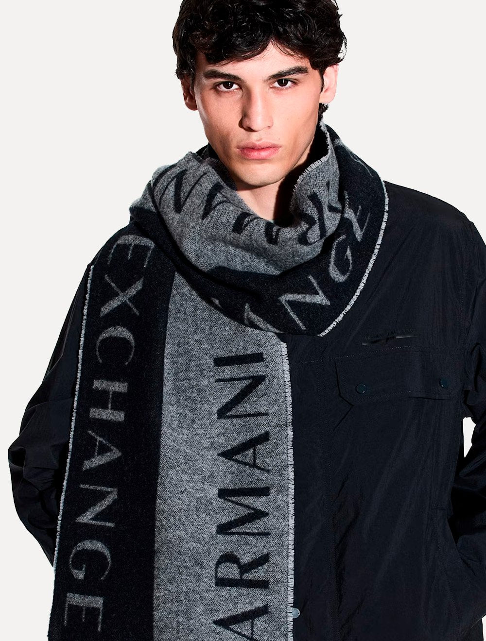 Cachecol Armani Exchange Bicolor Jacquard Azul Marinho/ Cinza Mescla