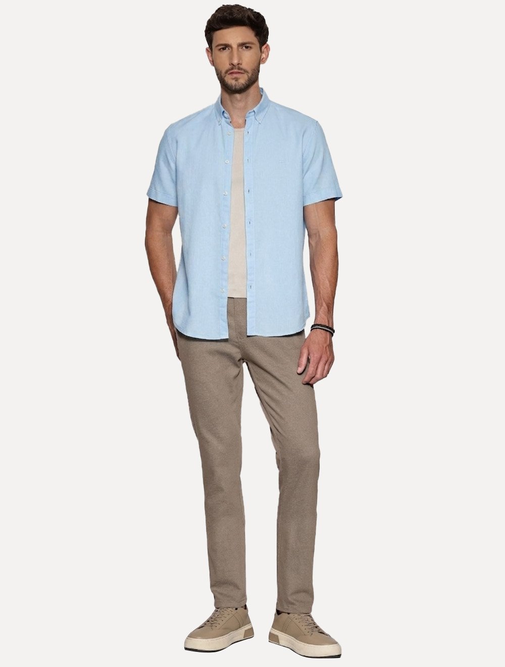 Camisa Aramis Masculina Manga Curta Slim Oxford Planalto Azul Claro