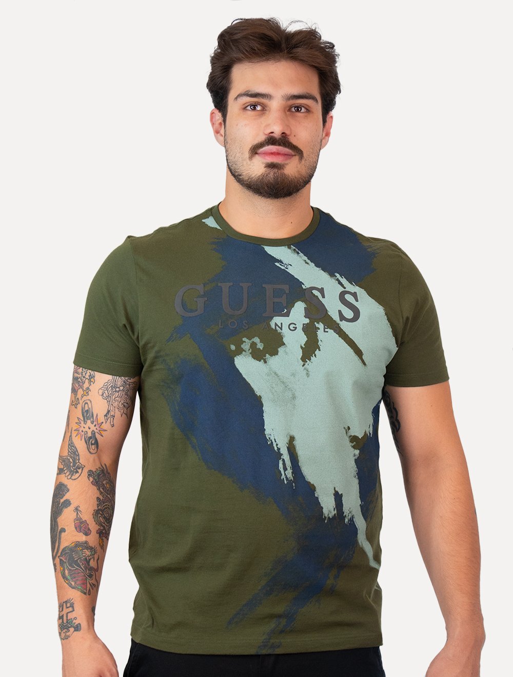 Camiseta Guess Masculina Watercolor Grunge Verde Militar