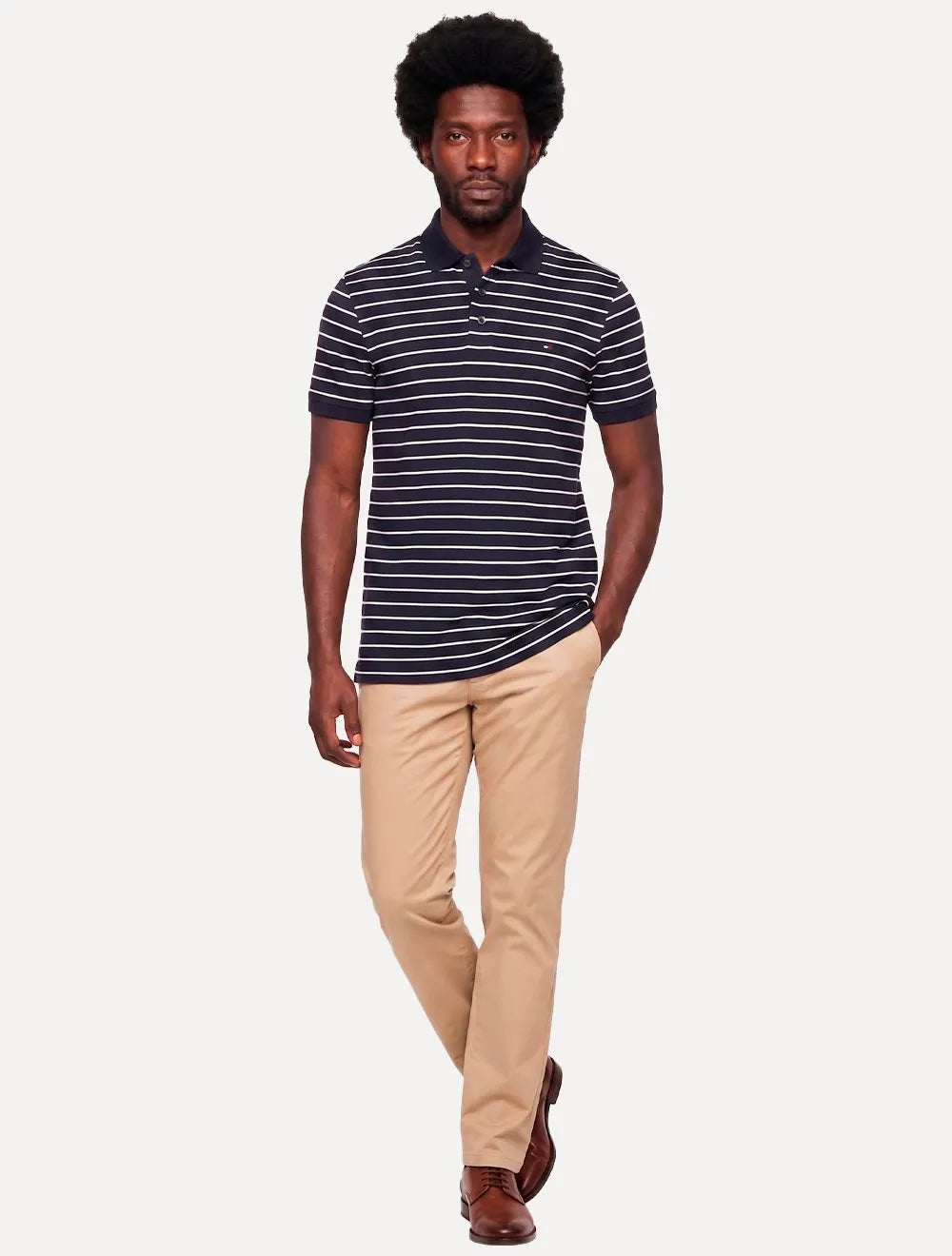 Polo Tommy Hilfiger Masculina Regular Piquet 1985 Listrada Azul/Branco