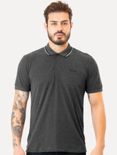 Polo Guess Masculina Piquet Friso Bordado Cursivo Cinza Escuro Mescla