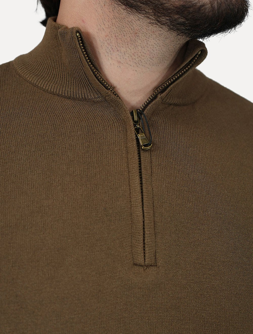 Suéter Dixen Masculina Tricot Manga Longa com Ziper Frontal Marrom