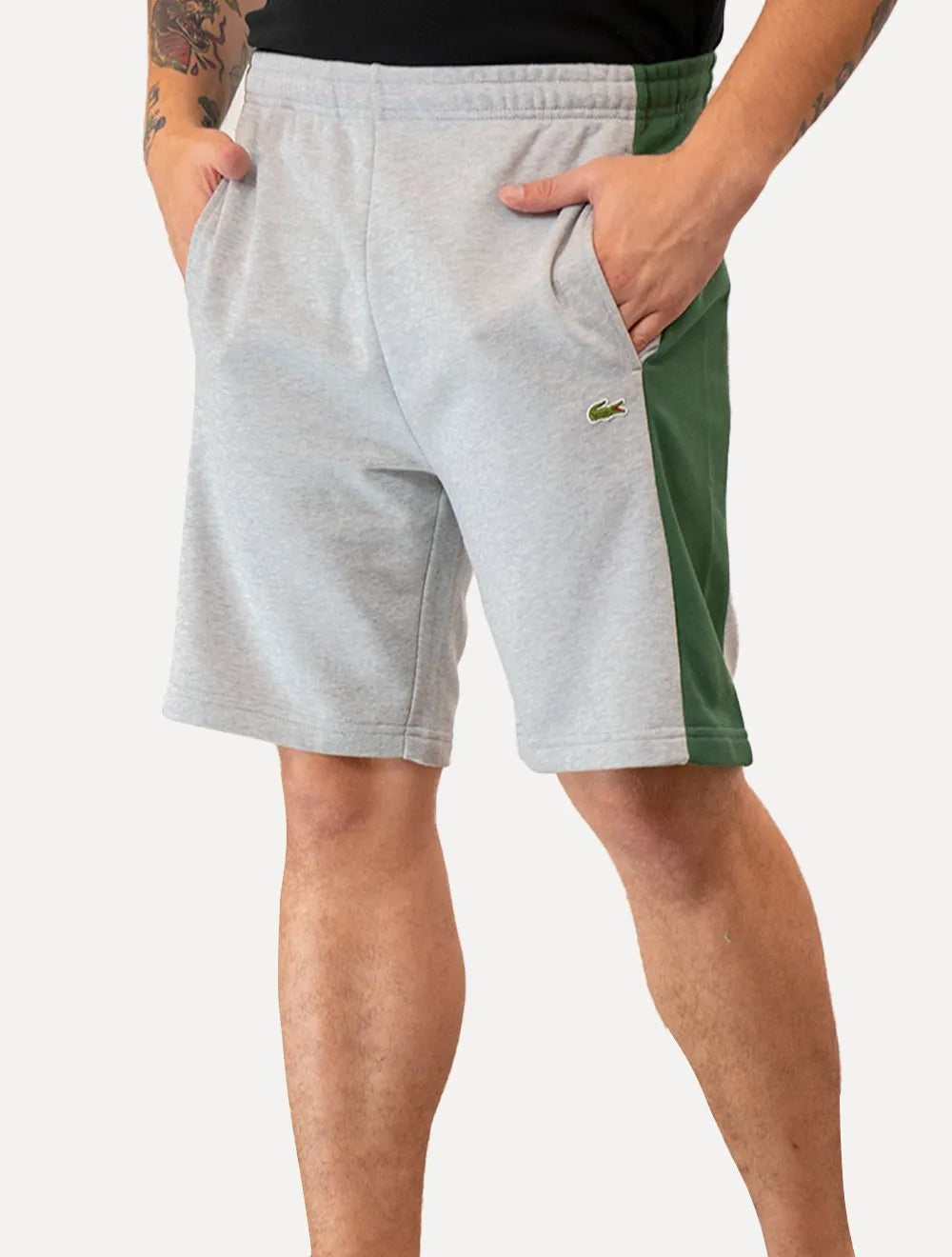 Bermuda Lacoste Masculina Moletom Fleece Colourblock Jogger Cinza Mescla