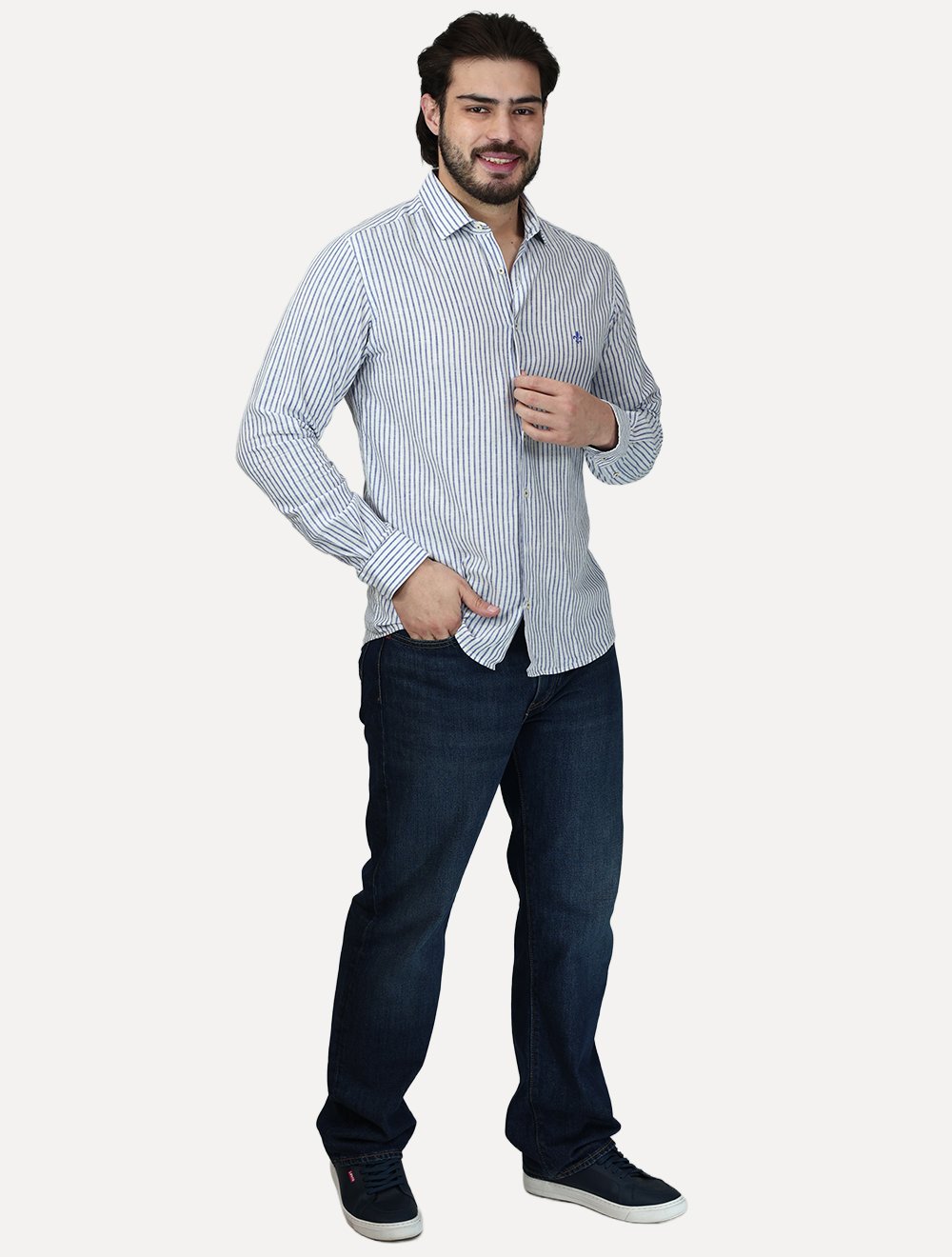 Camisa Dudalina Masculina Slim Fit Linen Blend Listras Branca