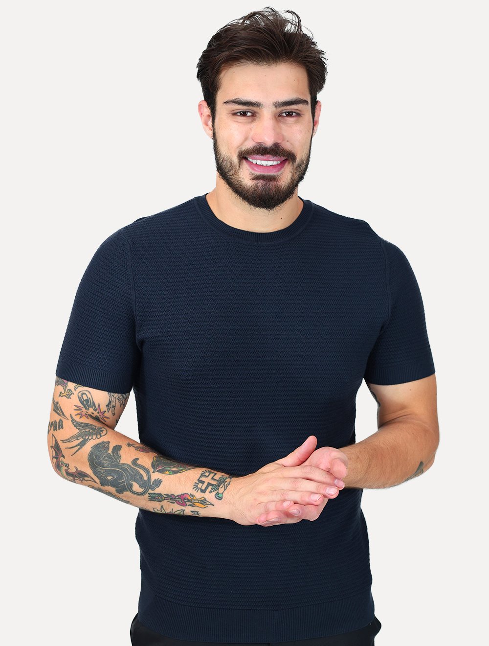 Tricô Dixen Manga Curta Gola Careca Azul Marinho
