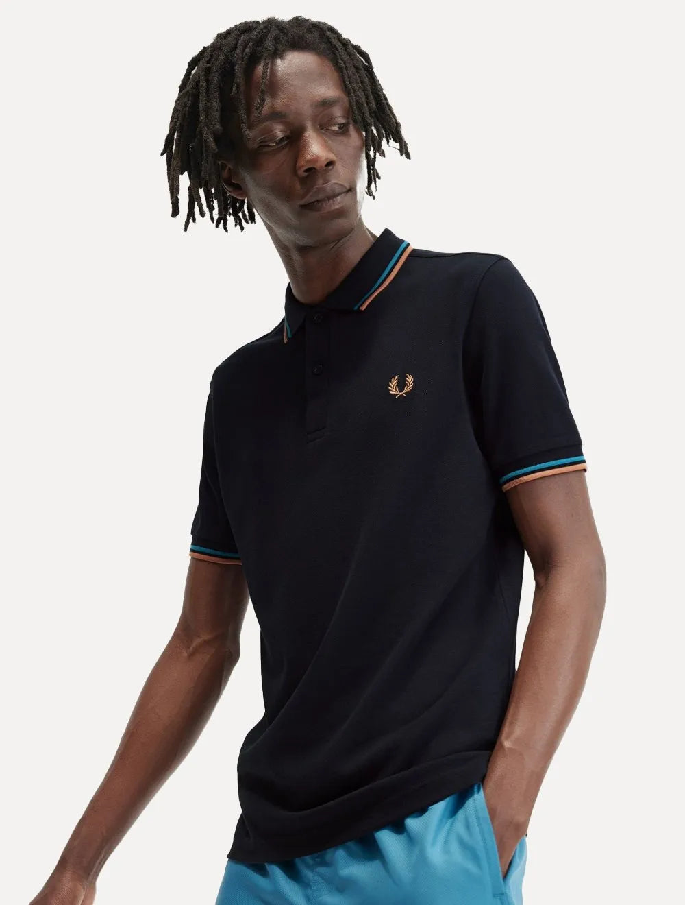 Polo Fred Perry Masculina Piquet Regular Blue Brow Twin Tipped Azul Marinho