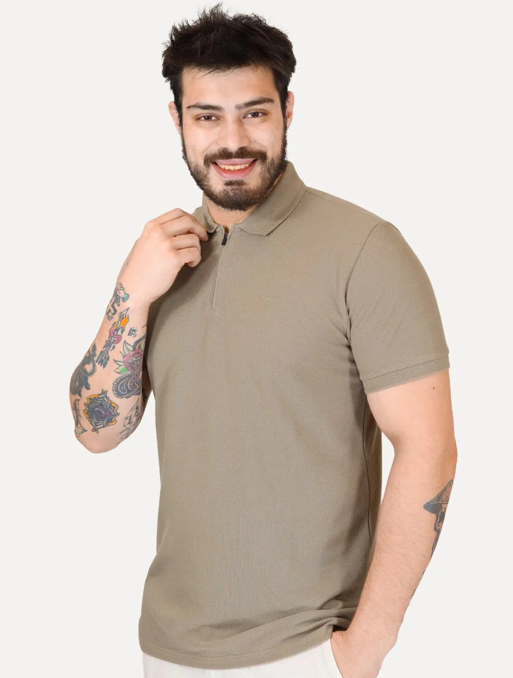 Polo Calvin Klein Masculina Piquet Slim Half Zip Cáqui Médio