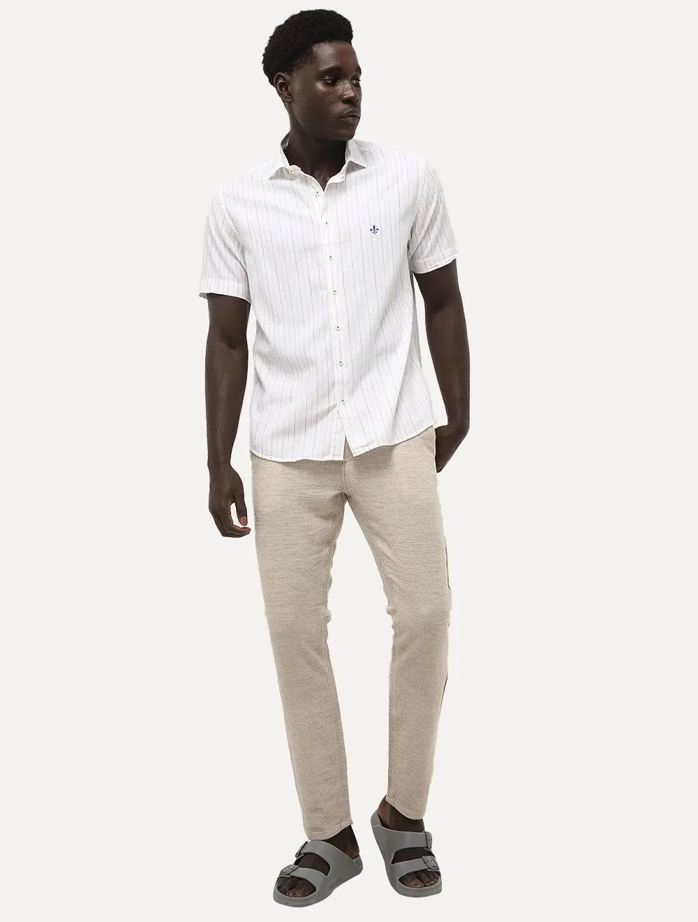 Calça Dudalina Masculina Sarja Slim Chino Cáqui Claro Mescla
