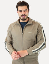 Blusa Moletom Empório Armani Masculina Lã Listra Lateral Full Zip Caqui Escuro