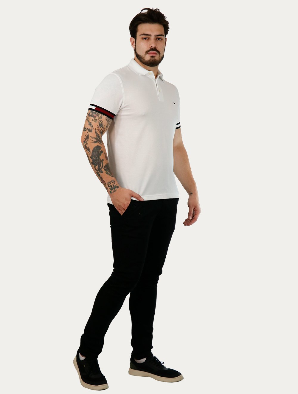 Polo Tommy Hilfiger Masculina Slim Piquet Classic Flag Cuff Branca