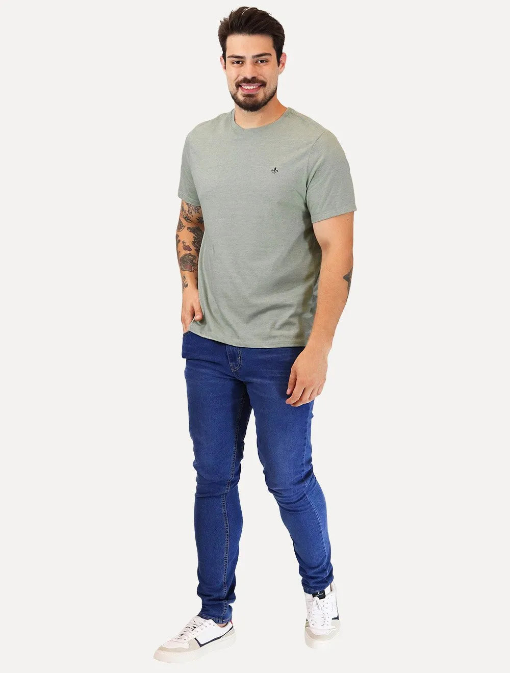 Camiseta Dudalina Masculina Mini Stripes Dark Logo Verde Médio