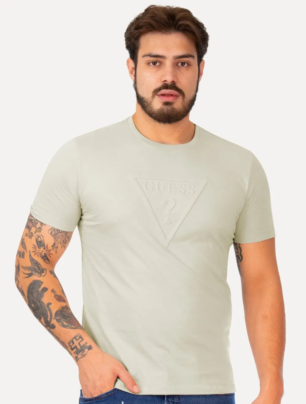 Camiseta Guess Masculina Embossed Logo Verde Claro