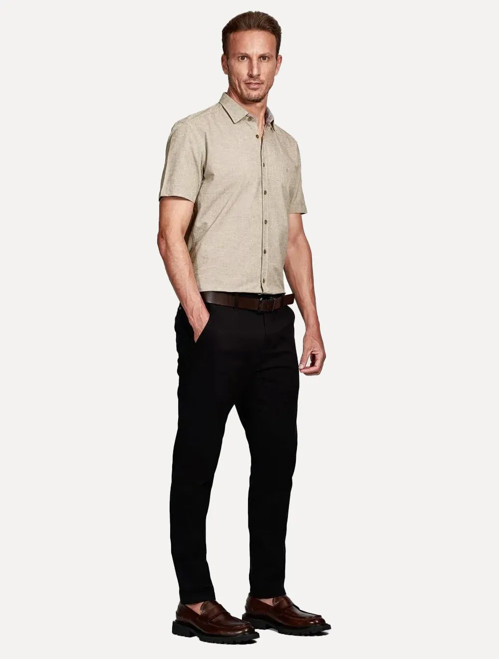 Camisa Aramis Masculina Manga Curta Slim Falso Liso Belfort Cáqui Mescla