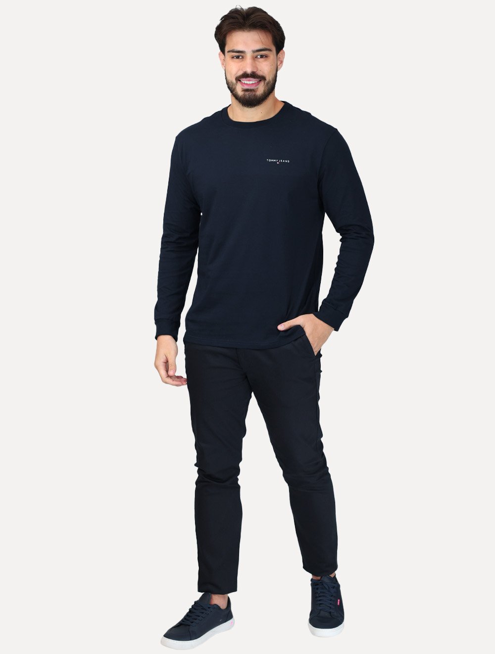 Camiseta Tommy Jeans Masculina Slim Manga Longa Linear Chest Azul Marinho