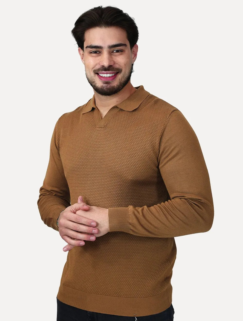 Camiseta Dixen Masculina Tricot Manga Longa Jacquard Seamless Marrom