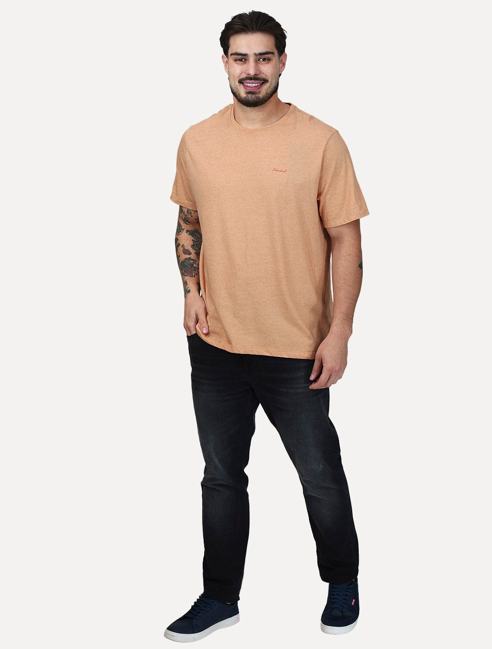 Camiseta Individual Comfort Linho Listrada Silk Logo Laranja Claro