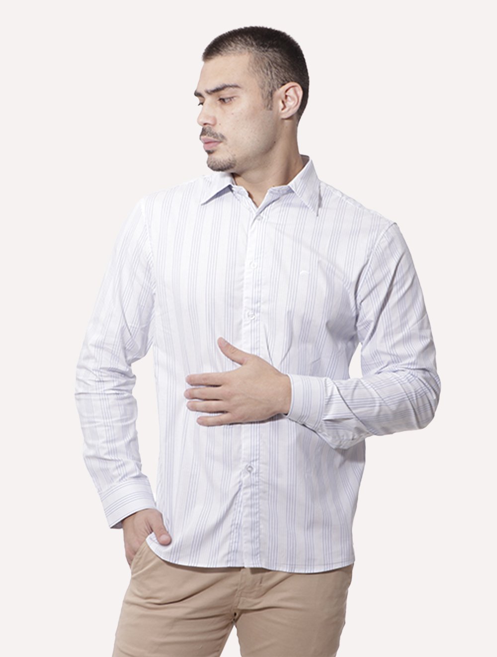 Camisa Ellus Masculina Slim Tricoline Oregon Anatomic Listrada Branca