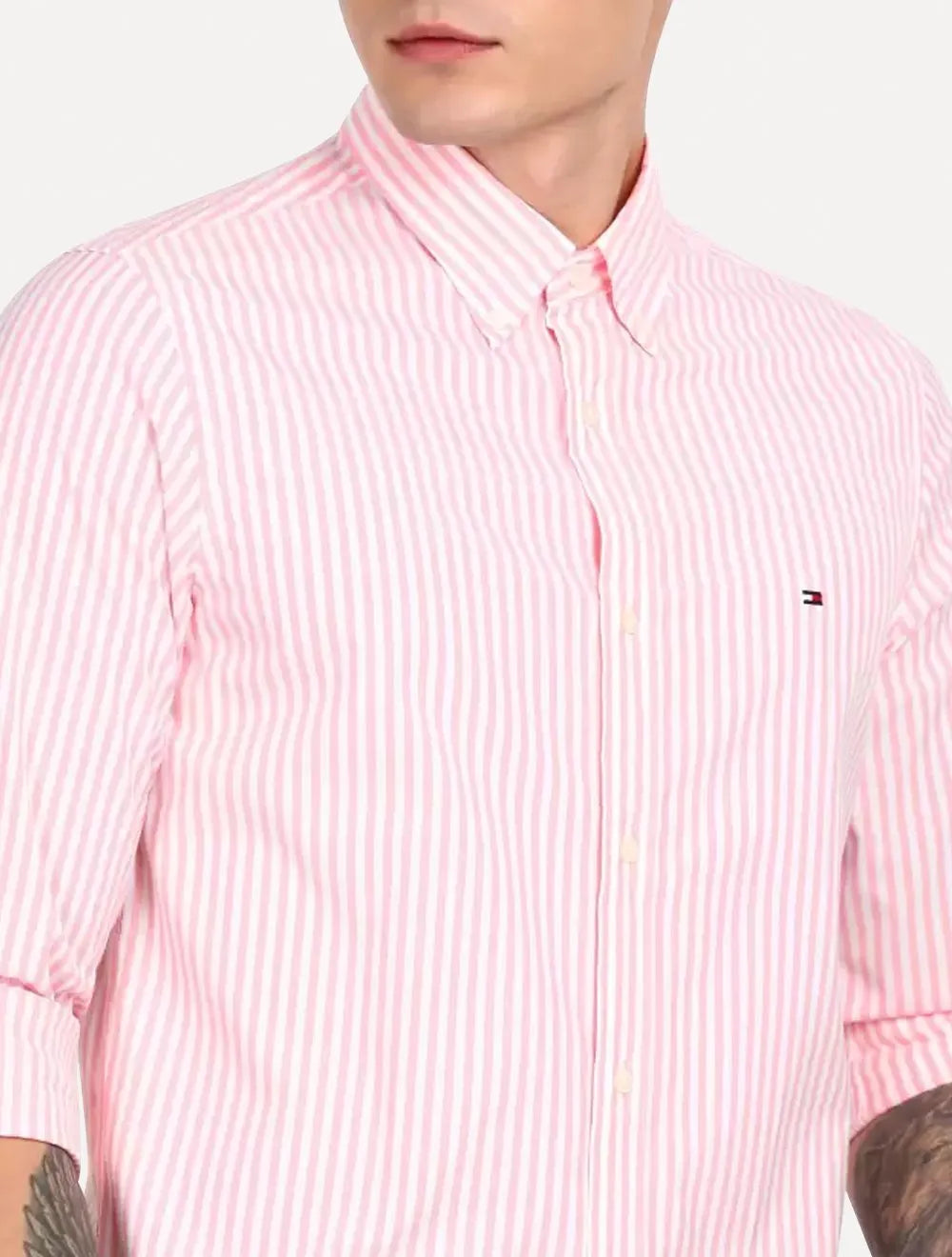 Camisa Tommy Hilfiger Masculina Regular Striped Poplin Rosa Claro