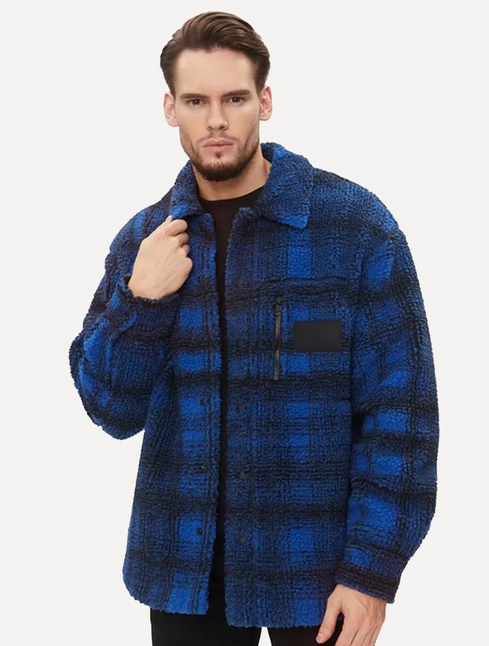 Jaqueta Calvin Klein Jeans Sherpa Overshirt Xadrez Azul Escuro