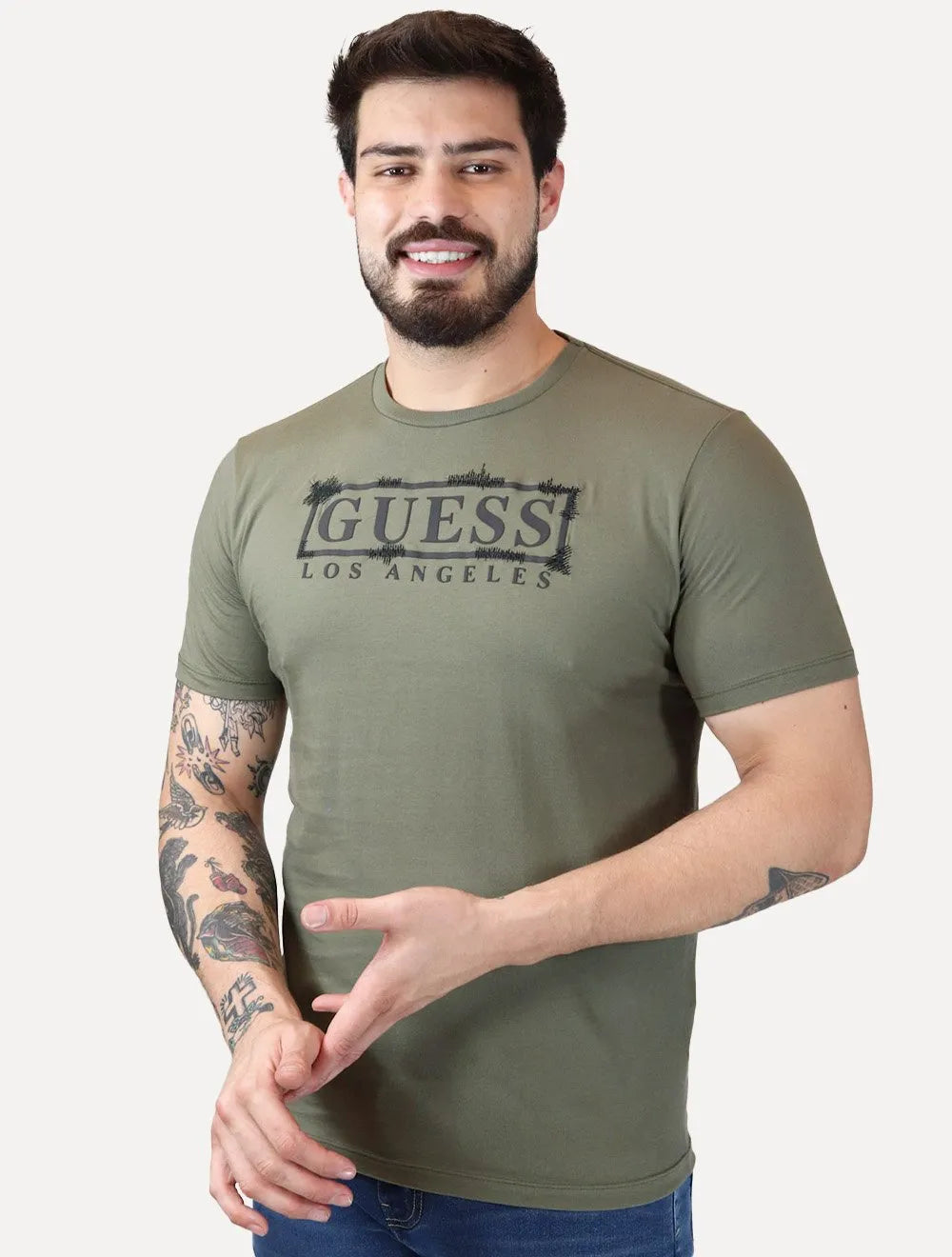 Camiseta Guess Masculina Los Angeles Rubber Scratched Verde