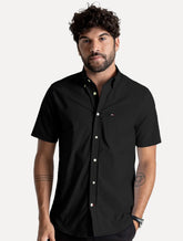 Camisa Tommy Hilfiger Masculina Manga Curta Regular Pocket Poplin Preta