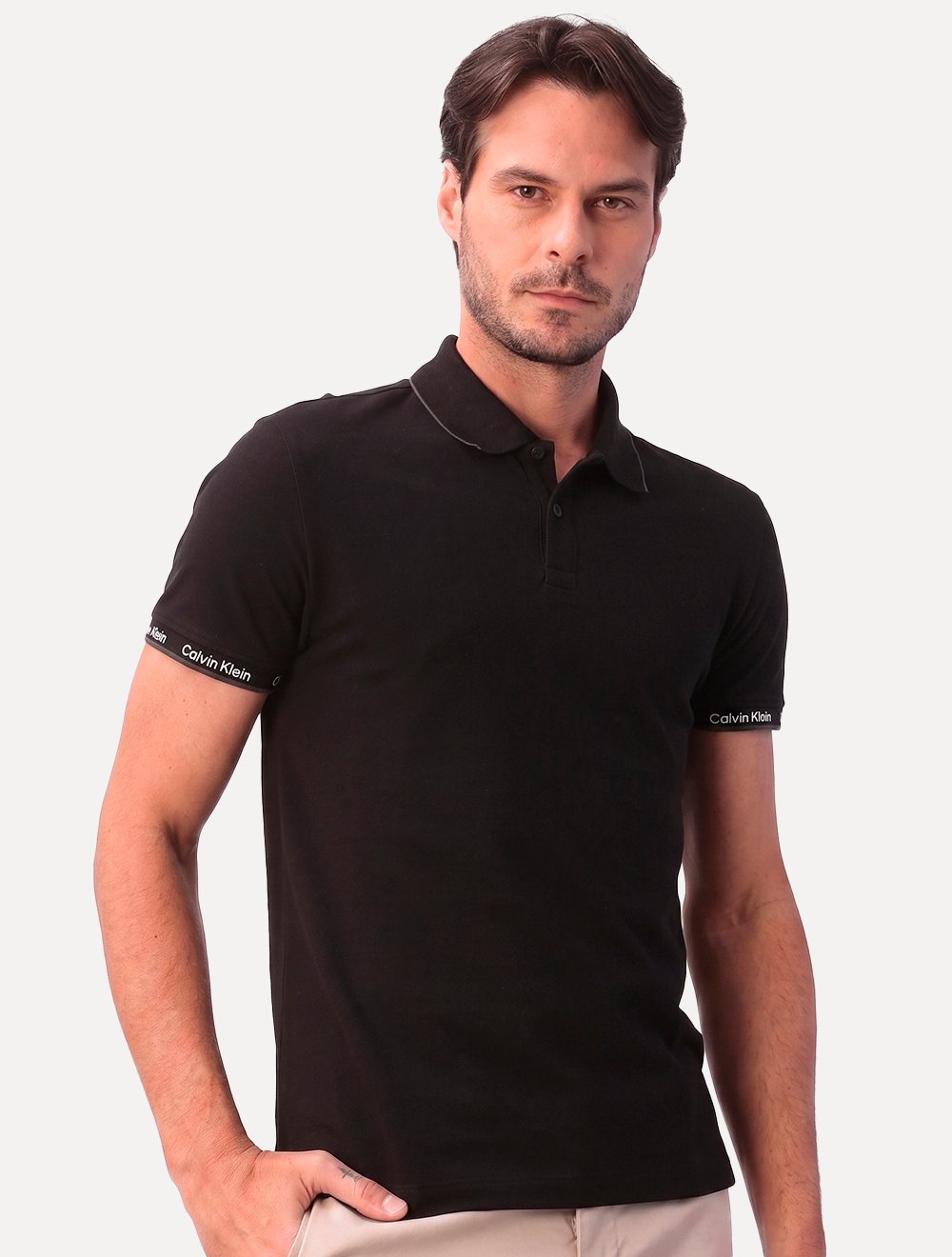 Polo Calvin Klein Masculina Piquet Slim Básica Friso Logo Punho Preta