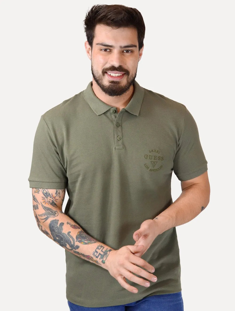 Polo Guess Masculina Piquet 1981 Bordado Verde