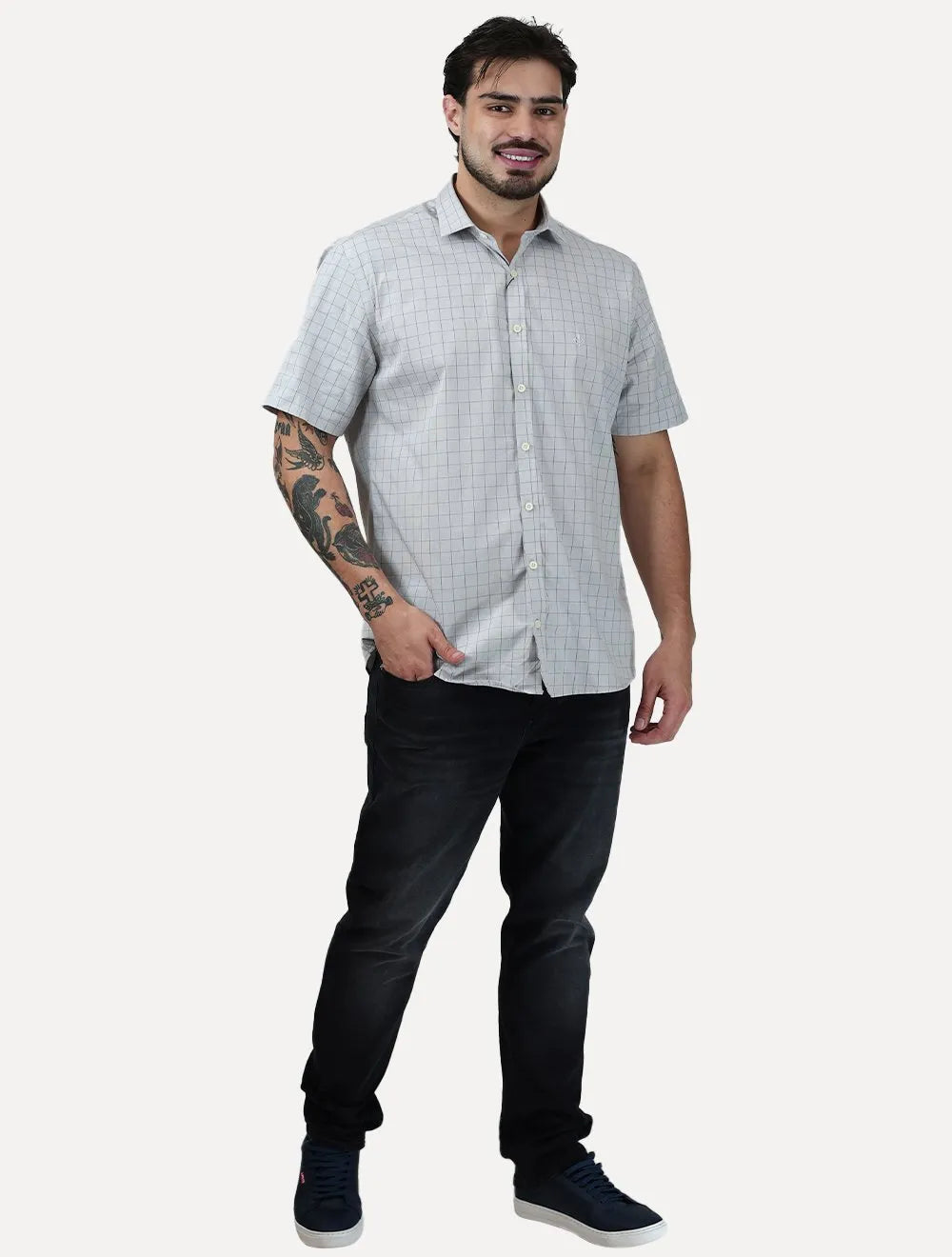 Camisa Dudalina Masculina Manga Curta Confort Superfine Cotton Light Logo Xadrez Cinza Claro