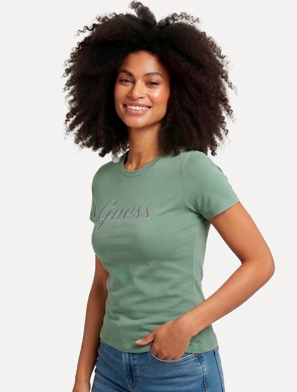 Camiseta Guess Feminina Signature Embroidery Logo Verde Claro