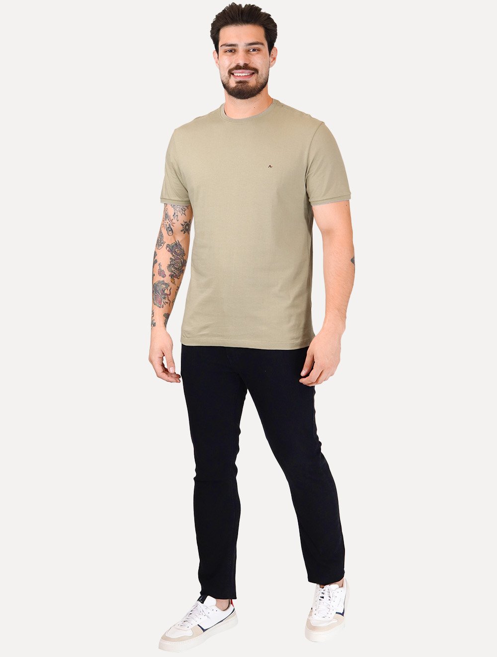 Camiseta Aramis Masculina Grey Friso Gola Cáqui
