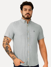 Camisa Ralph Lauren Masculina Manga Curta Custom Linho Grey Logo Cinza Mescla